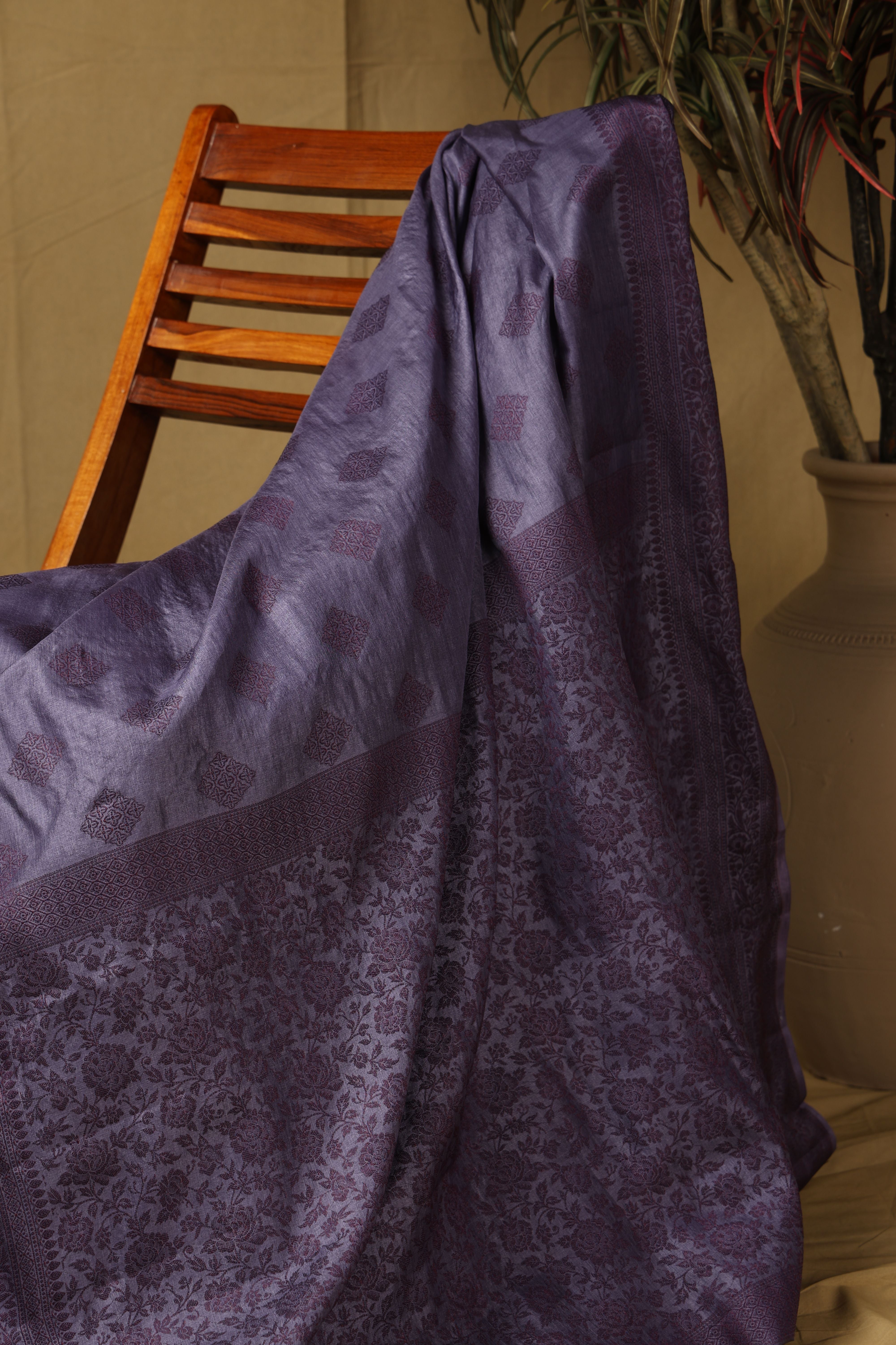 Banarasi pure Tussar Silk purple-grey saree with thread weave bute and border