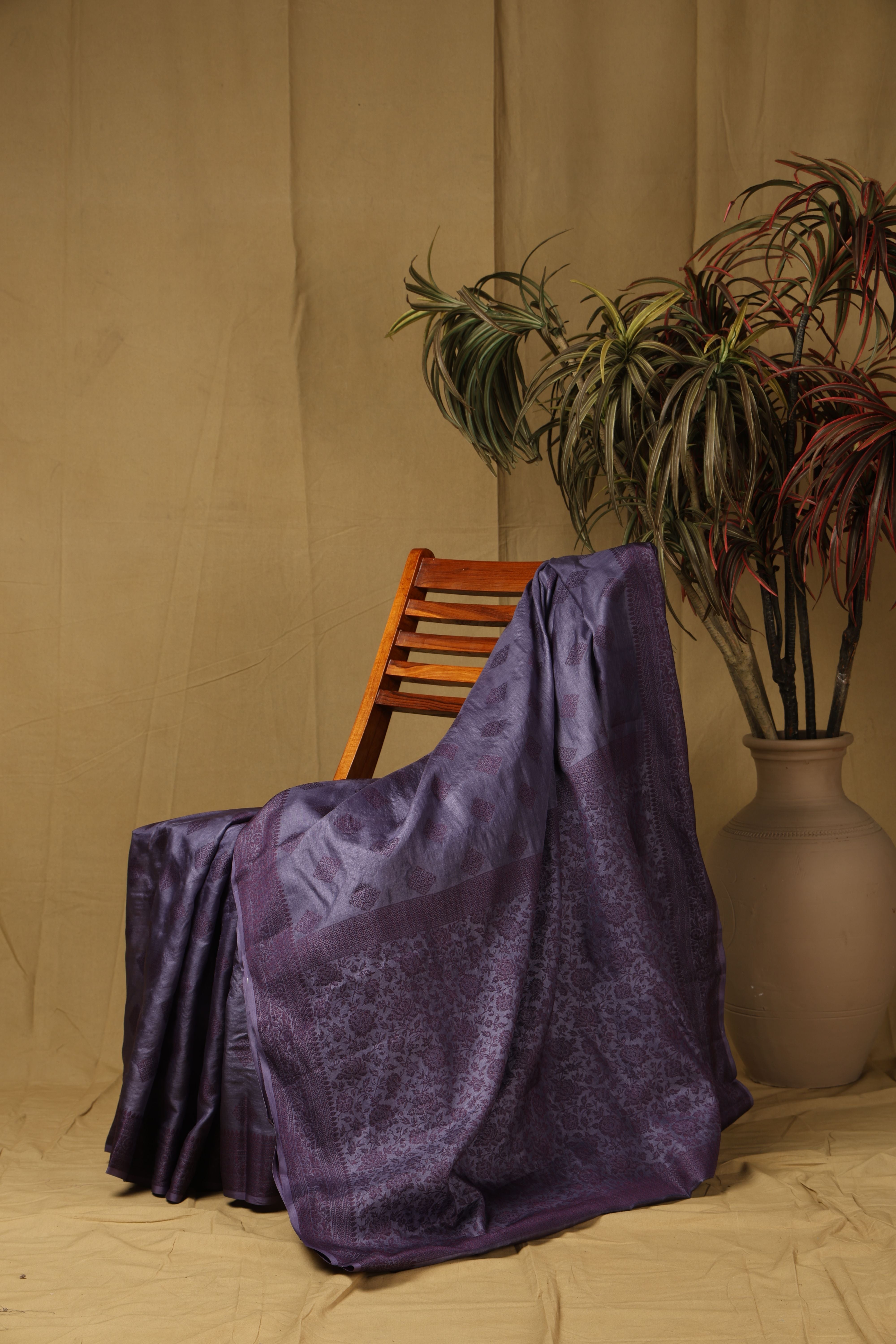 Banarasi pure Tussar Silk purple-grey saree with thread weave bute and border