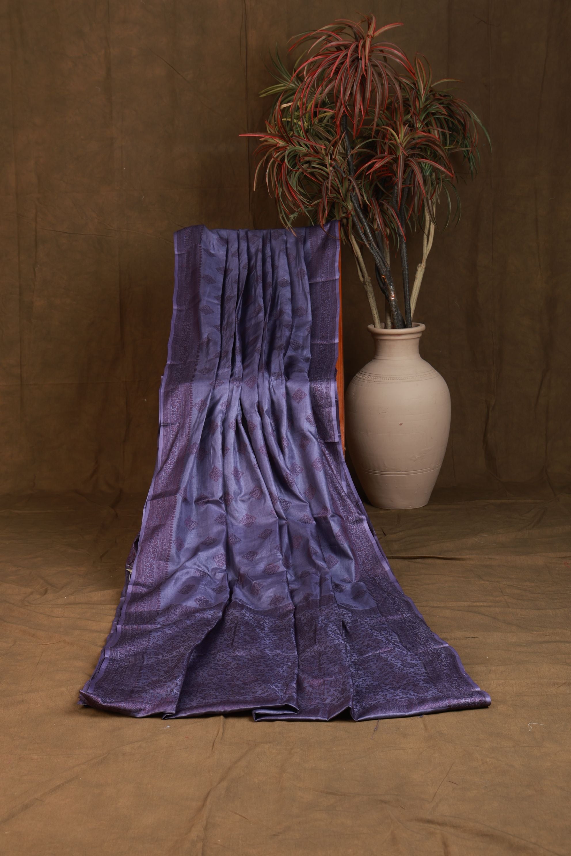 Banarasi pure Tussar Silk purple-grey saree with thread weave bute and border
