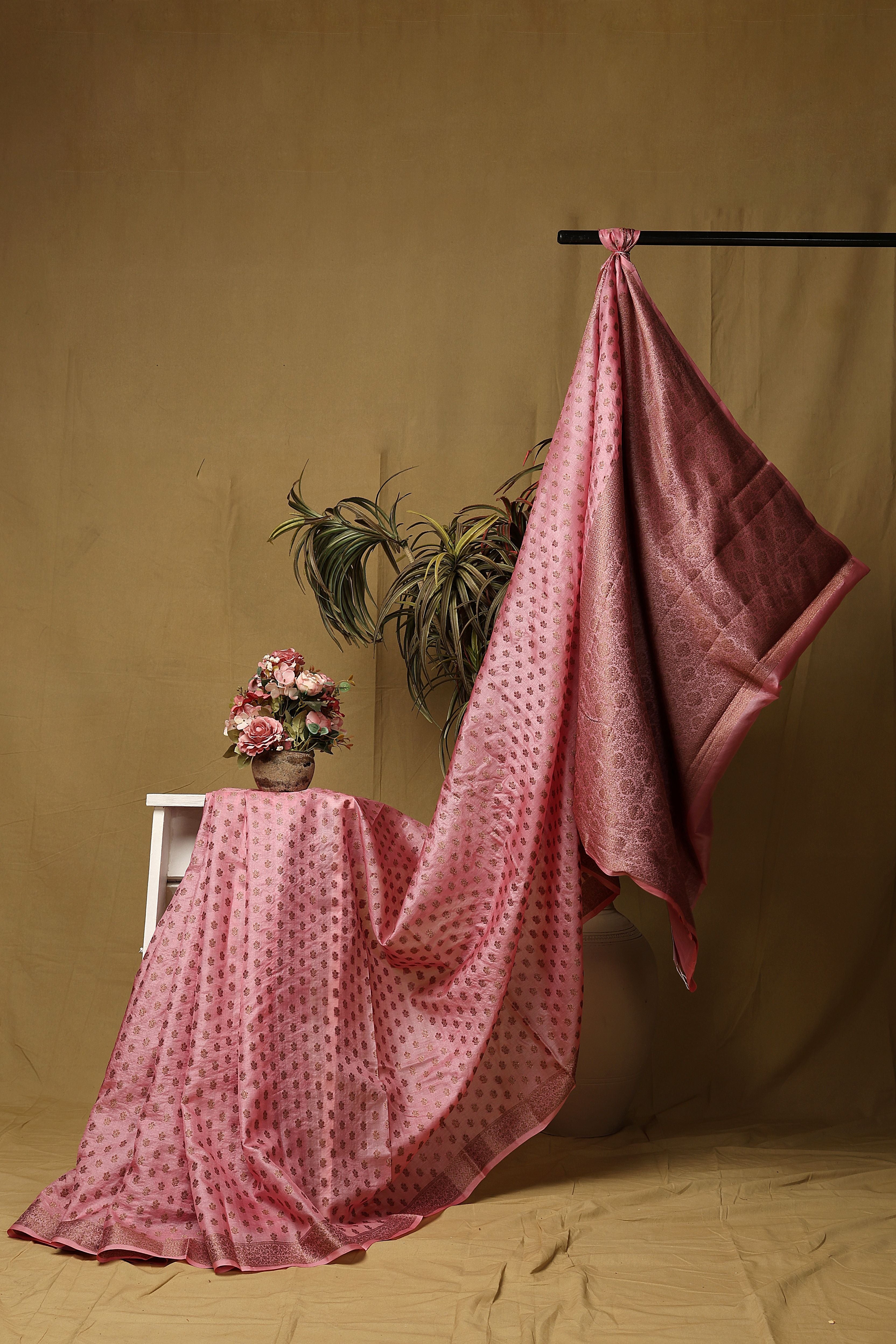 Banarasi pure Tussar Silk pink saree with thread weave bute and border