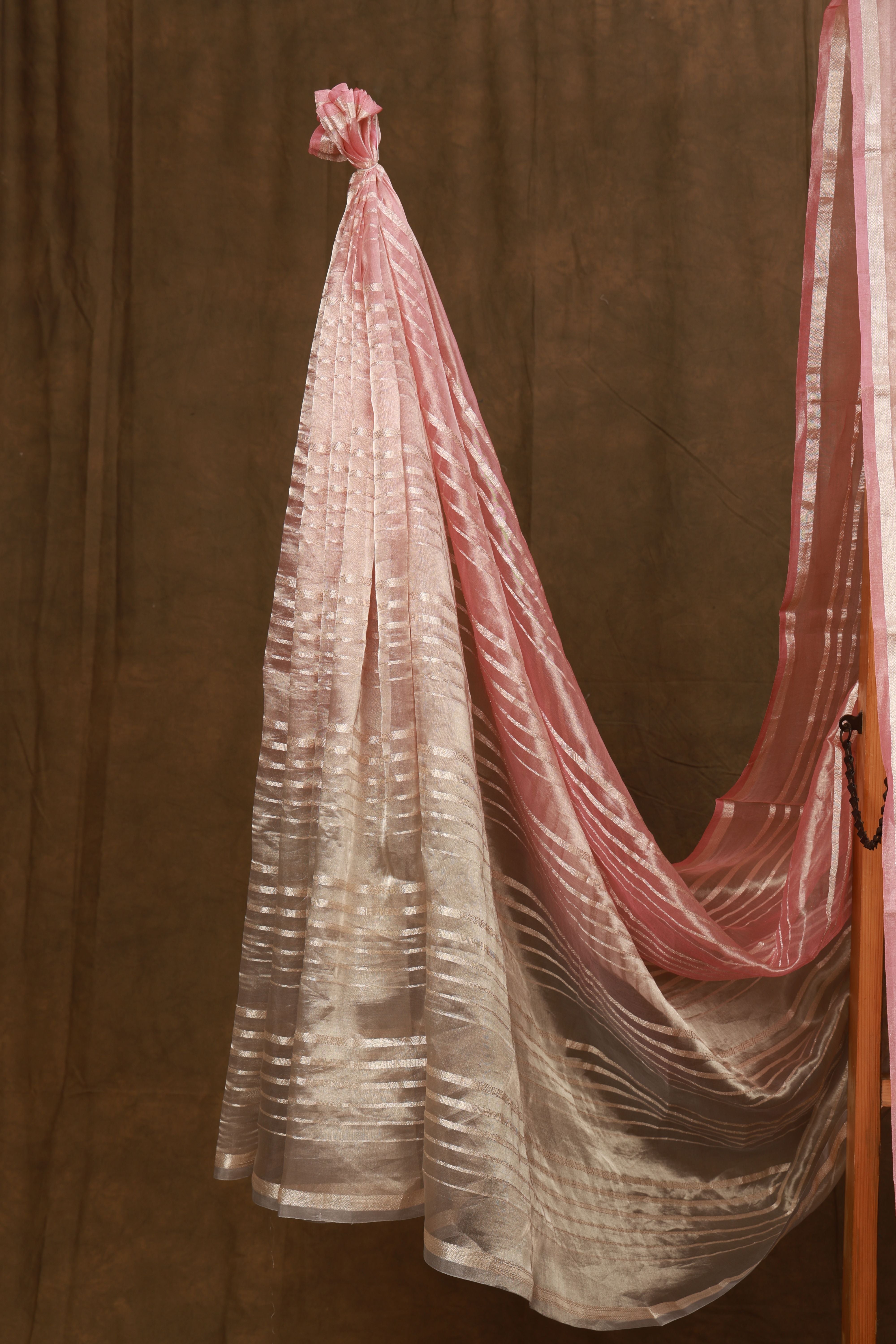Banarasi pure Tissue silk pink-grey saree with zari stripes