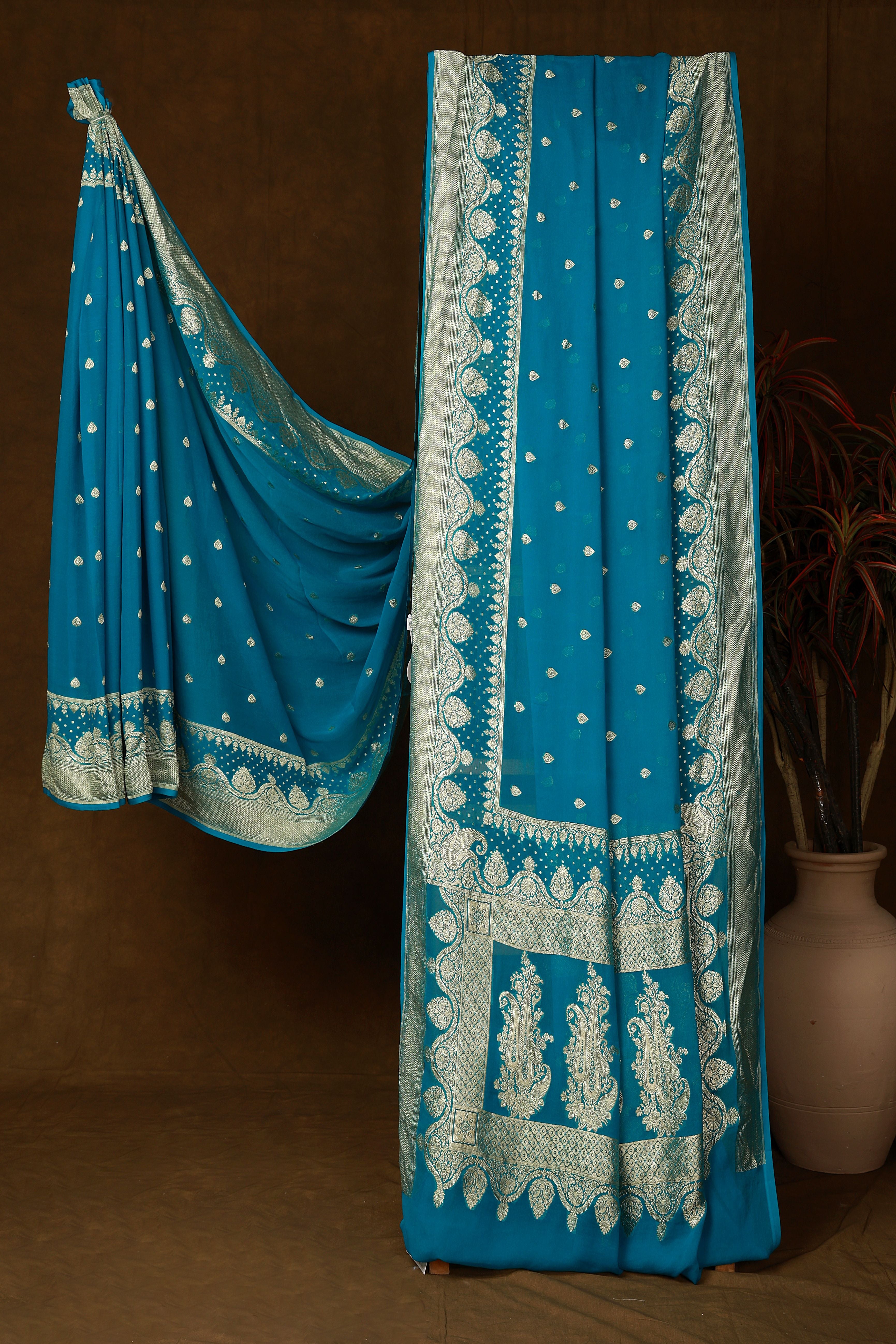 Banarasi pure silk georgette blue saree with zari Bute, zari pallu