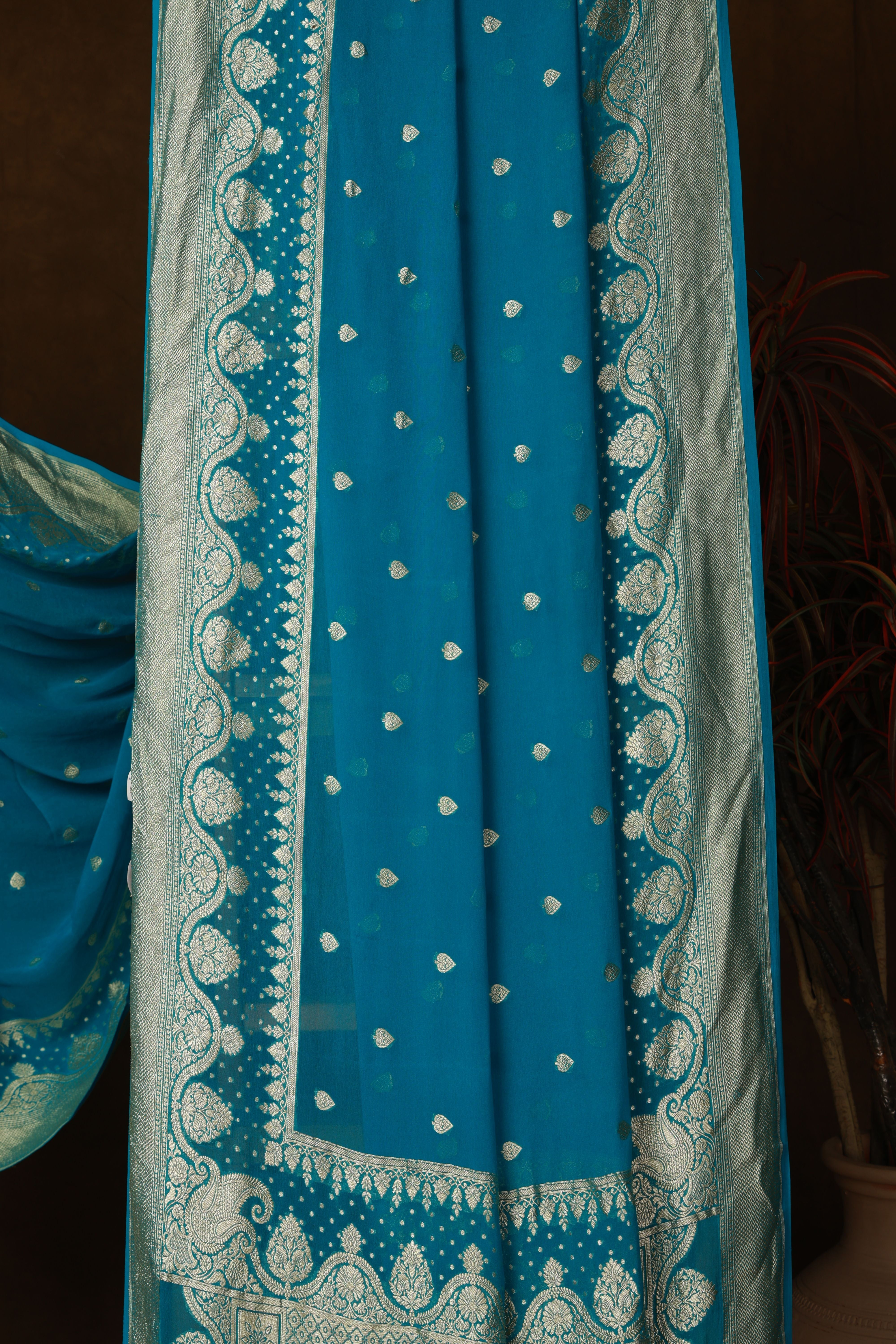 Banarasi pure silk georgette blue saree with zari Bute, zari pallu