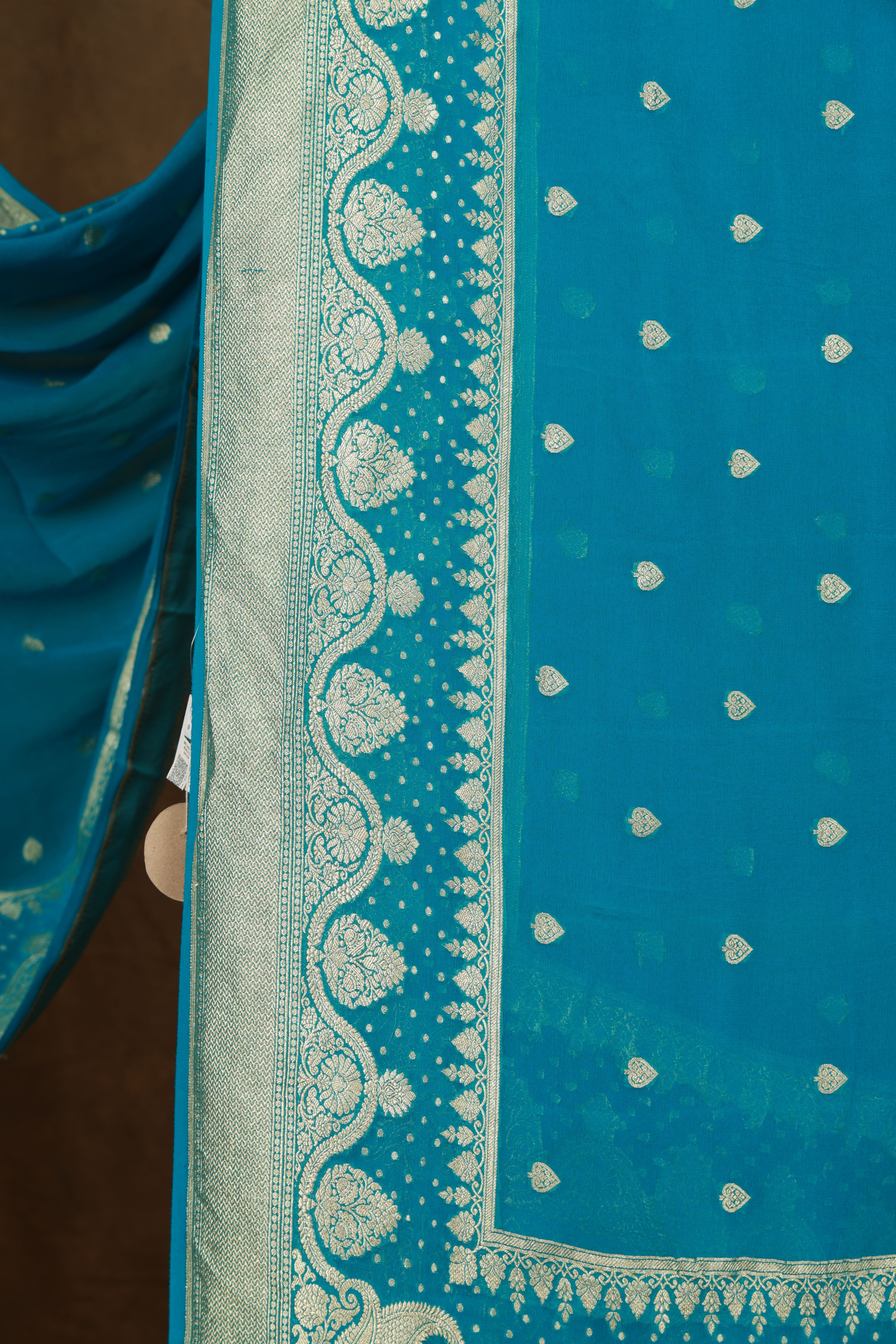 Banarasi pure silk georgette blue saree with zari Bute, zari pallu