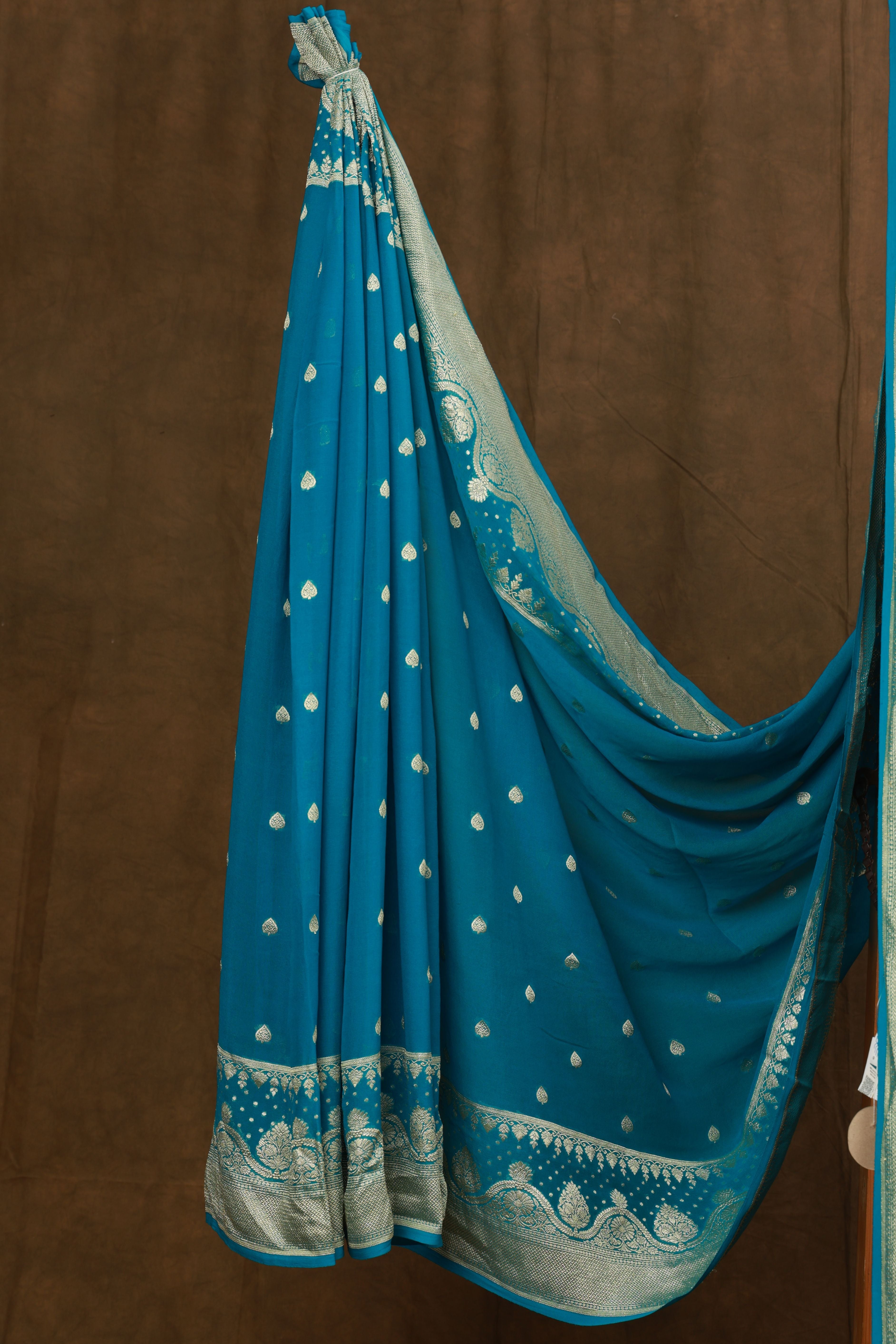 Banarasi pure silk georgette blue saree with zari Bute, zari pallu