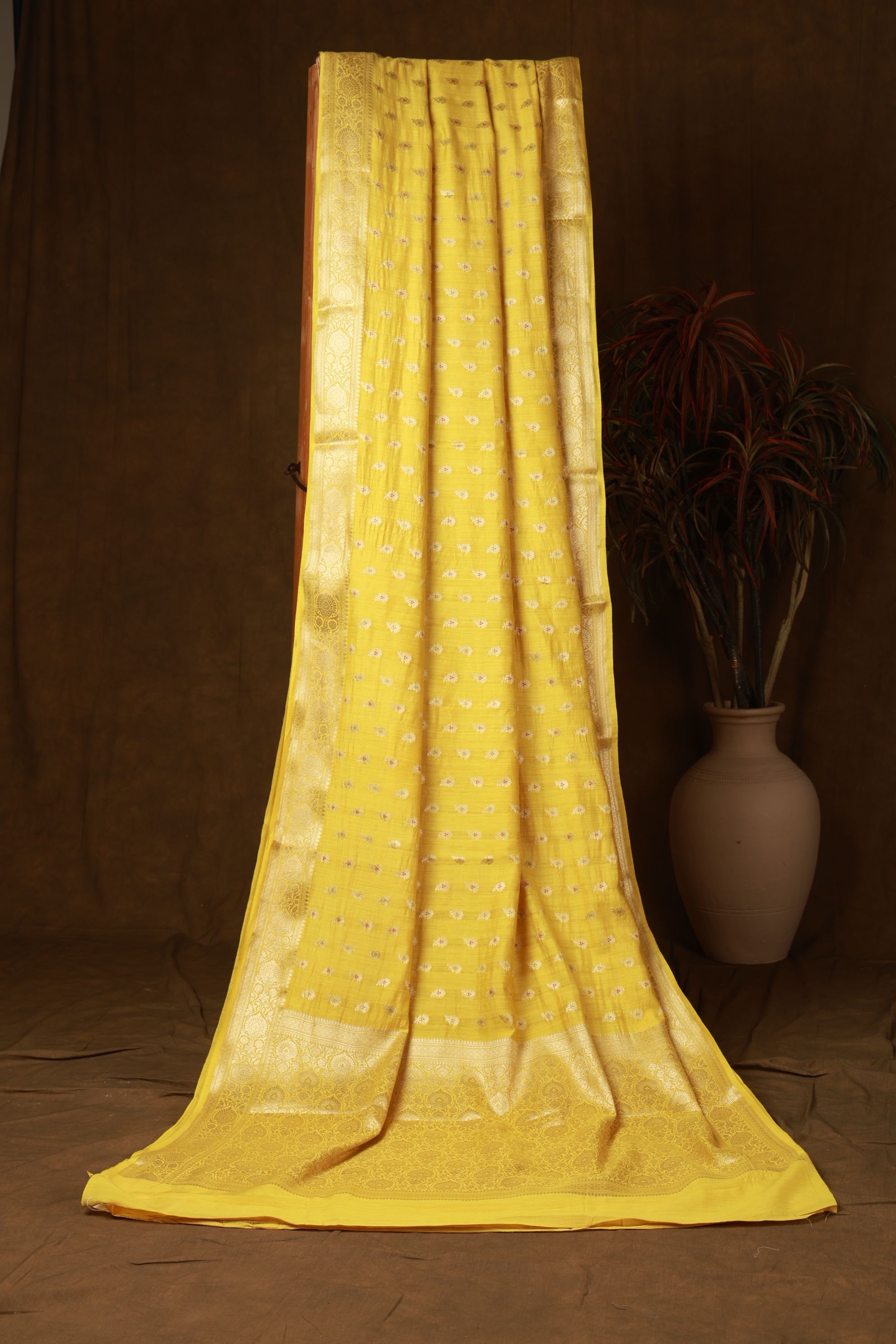 Banarasi pure Muga silk yellow saree with zari Bute, zari pallu