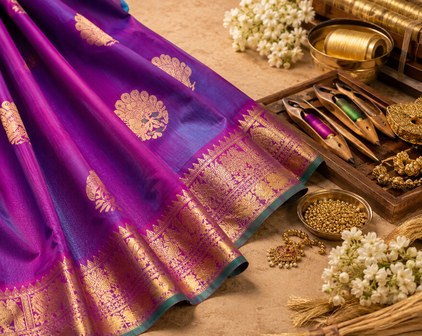 A purple silk saree with intricate gold zari embroidery and a wide gold border, styled in a flat-lay arrangement with traditional jewelry-making tools, white flowers, and gold spools on a beige surface.
